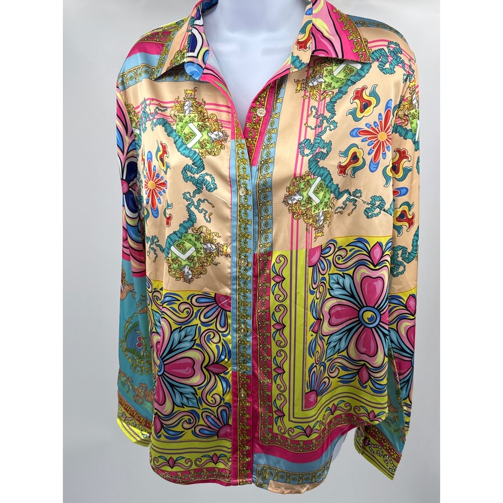 Banjul Baroque Floral Patchwork Button Down Shirt Long Sleeve Multi Color Large